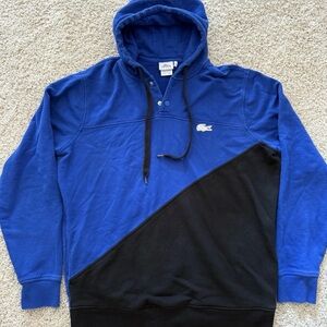 Lacoste Blue Black Cotton Hoodie Men’s Size 5 Diagonal Colorblock Pullover